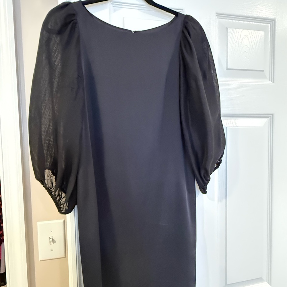 Alice + Olivia Black Midi Dress with Puff Sheer Sleeves